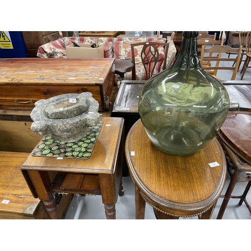 53 - Glass: Large green glass terrarium, 49cm together with two reconstituted stone mortars, the largest ... 