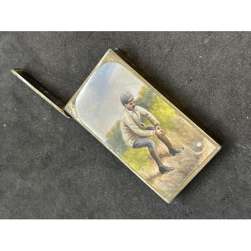 593 - Hallmarked Silver: Golfing Vesta enamel decorated golfer in a bunker, hinged lid, Sam Mordan London.... 