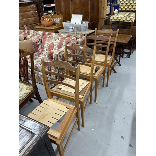 60 - Furniture: Set of four ladder back chairs by Gordon Russell of Broadway with drop in seats. In need ... 