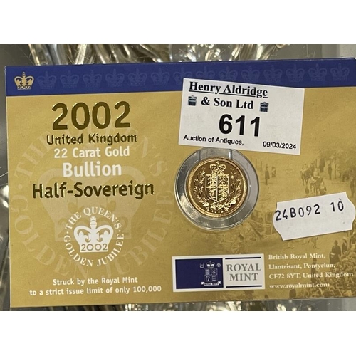 611 - Coins: Gold UK half Sovereign Sheild back 2002 B.U.