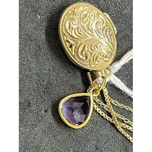 681 - Jewellery: 14ct. gold mounted teardrop amethyst pendant necklace. 4.5g. plus 9ct. gold locket on cha... 