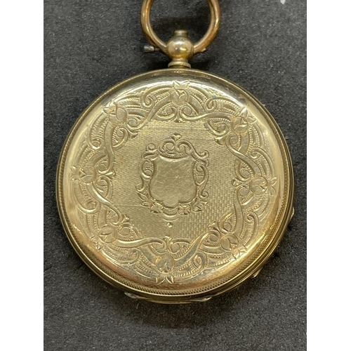 696 - Watches: 14ct gold-cased dress fob watch with a floral engraved dial, Roman numerals, diameter 3.9cm... 