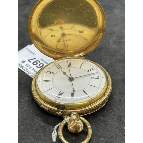 697 - Watches: 18ct gold full Hunter chronograph pocket watch London 1909 with movement signed Harris &... 