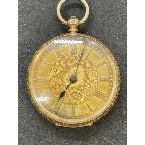 700 - Watches: 14ct gold-cased open-faced pocket watch with a floral engraved dial, diameter 4.1cm Gross w... 