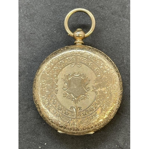 700 - Watches: 14ct gold-cased open-faced pocket watch with a floral engraved dial, diameter 4.1cm Gross w... 