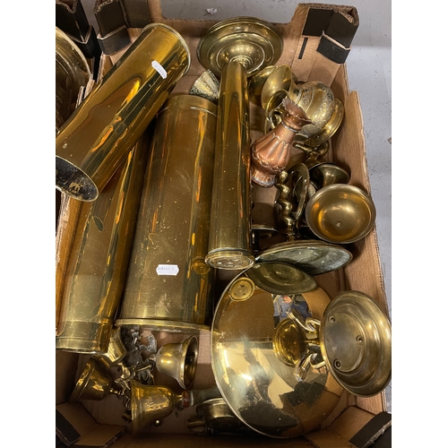 25 - Brass & Copperware: Artillery shell cases x 4 (two from WWII), kettle, jugs, fire irons, bells, umbr... 