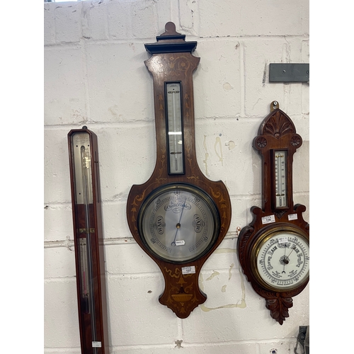 137 - Scientific Instruments: Early 20th cent. Mahogany cased and inlaid banjo barometer and thermometer.... 