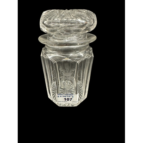 107 - ROYAL YACHT: H.M.Y. Osborne facet cut crystal pickle jar and stopper circa 1890, yachts crest to sid... 