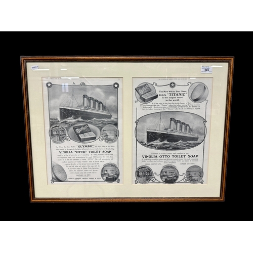 263 - R.M.S. TITANIC: Unusual original advertisements for Vinolia Soap for both Olympic and Titanic, frame... 