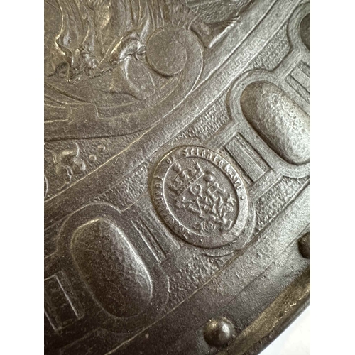 470 - 19th cent. Elkington Neo-Classical shield with embossed band depicting Romano Greco figures with gad... 