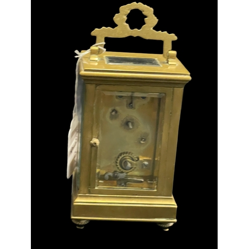 499 - Clocks: Late 19th/early 20th cent. French brass carriage clock, floral and gilt decorated, enamelled... 