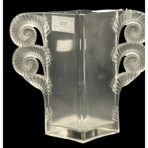 506 - 20th cent. Glass: Lalique, Amiens, vase signed on base rim, two pairs of frosted scroll handles c192... 