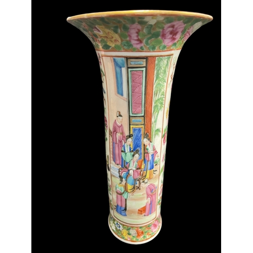 534 - Chinese: 19th cent. Canton sleeve vase with flared rim, painted with flowers, figures and butterflie... 