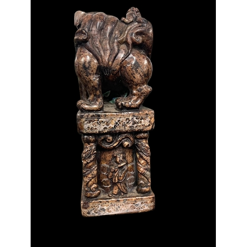 538 - Chinese: Large Chinese soapstone seal carved with fo dogs above a temple pillar flanked by figures, ... 