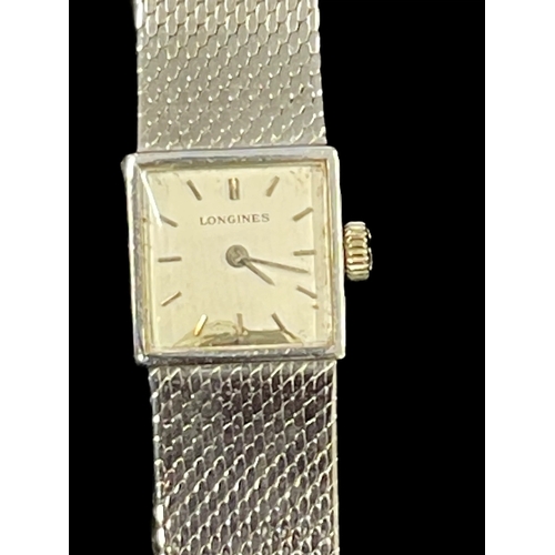 573 - Watches: Ladies 18ct white gold Longines watch with integral mesh bracelet, import hallmarked for Lo... 