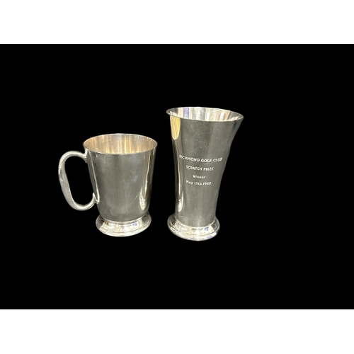 640 - Silver Plate: Flying handle sauce boats on three hoof feet, tapering tankard x 2 plus other plated i... 