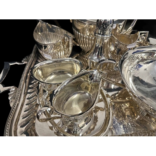 645 - Silver Plate: Silver Plate: Three-piece tea set, sugar caster, entree dish, two-handled tray etc.... 