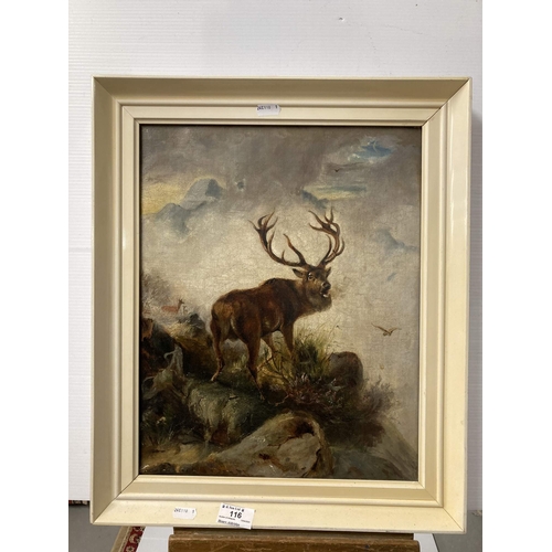 116 - 19th cent. Large oil on board of a country scene. 54ins. x 17½ins. Plus one other of a stag in the s... 