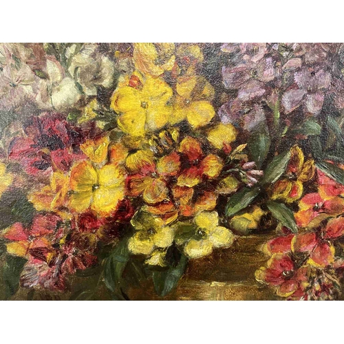 135 - Fanny Farrer: 20th cent. Oil on canvas still life, study of wallflowers in a copper dish, signed low... 