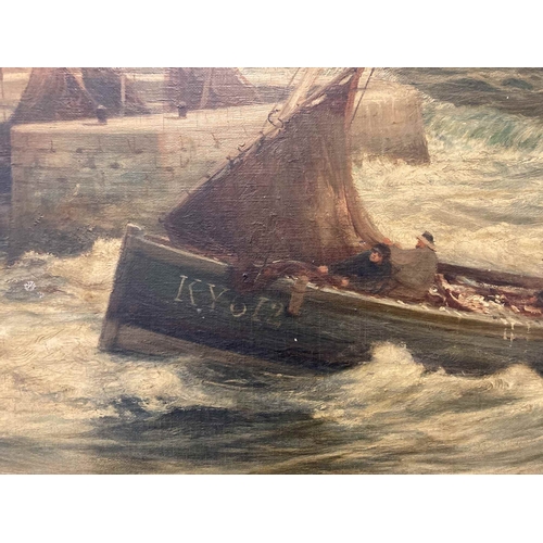 165 - Alexander Young (1865-1923): Oil on canvas, harbour/seascape, bringing in the catch to Kirkcaldy/Fif... 