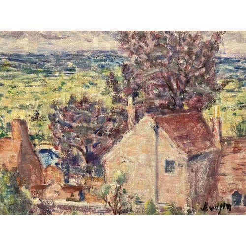 171 - Frank Spencer Budgen (1882-1926): Oil on board 'Mendips' with low horizon and palatable tones, house... 