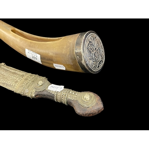 269 - 20th cent. Tribal Jambiya dagger white metal encrusted scabbard, 15½ins. Plus a white metal topped h... 