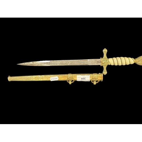 309 - Militaria: Militaria: Third Reich: WWII Kriegsmarine dagger with gilt scabbard.
Please note we do no... 