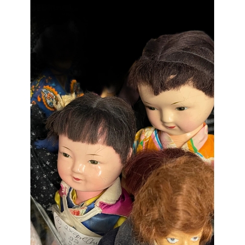 359 - Character Dolls: B.A. Stewardess, Chinese dolls x 4, French female garlic seller, lawyer, King Georg... 