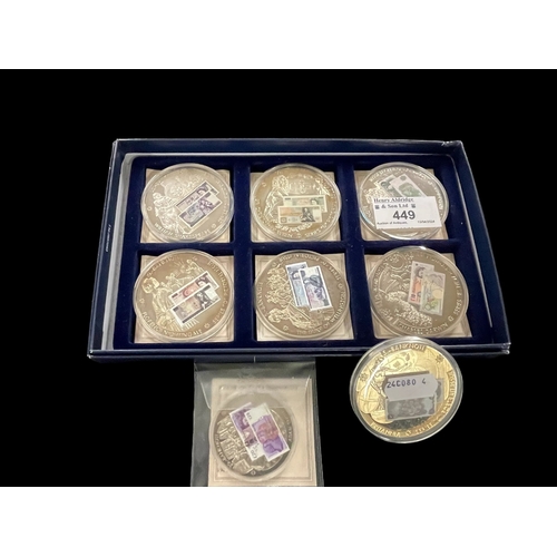 449 - Coins: Banknote printed, boxed set of 6 cupronickel coins and 2 loose coins.