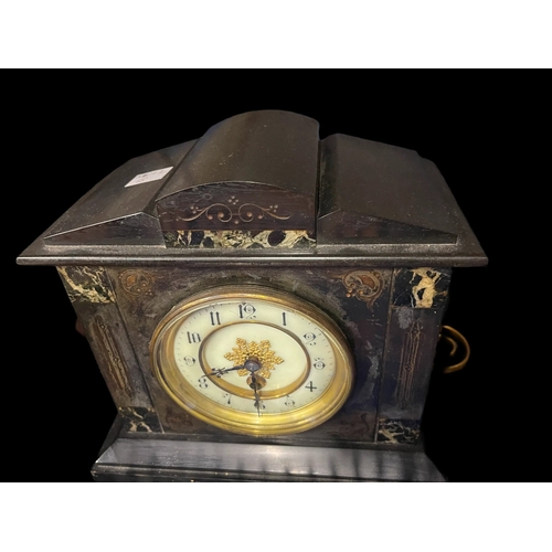 483 - Clocks: Edwardian slate mantel clock and six other small clocks, including Estyma, Smiths and Pifco ... 