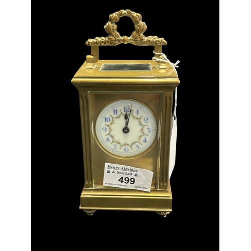 499 - Clocks: Late 19th/early 20th cent. French brass carriage clock, floral and gilt decorated, enamelled... 