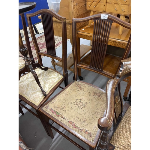 51 - Furniture: 19th cent. Mahogany three inlaid bedroom chairs, an inlaid corner chair, a three-tier cak... 