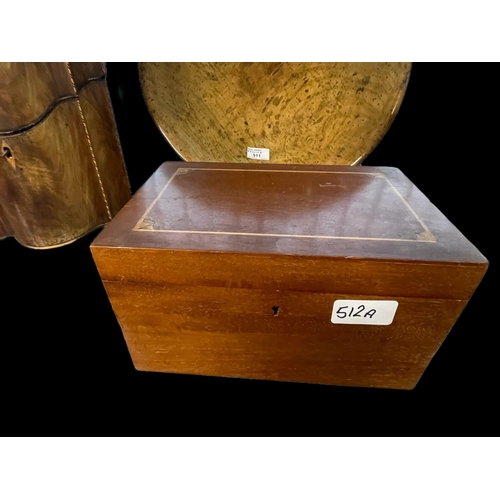 512a - Boxes: Mahogany jewellery box with inlaid hinged top. 9ins. x 6ins. x 5ins.