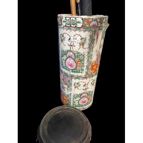 519 - Asian Art: 20th cent. Famille Rose Umbrella stand and contents which include silver topped mallaca c... 