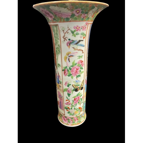 534 - Chinese: 19th cent. Canton sleeve vase with flared rim, painted with flowers, figures and butterflie... 