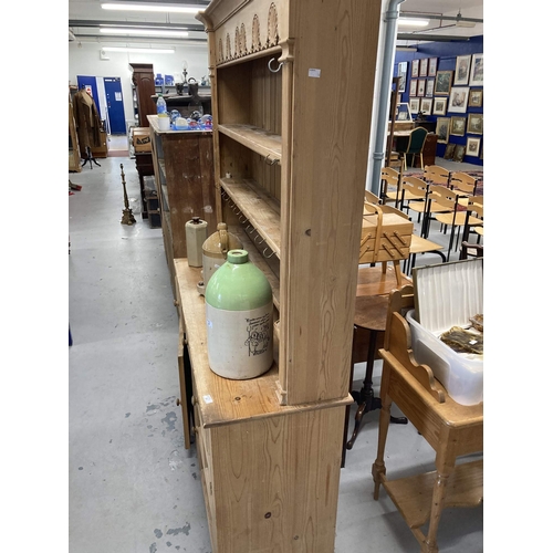 55 - Furniture: 20th cent. Pine dresser and rack the base three drawers over a twin door cupboard topped ... 