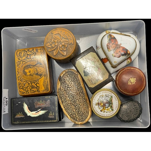 561 - Boxes: Snuff box decorated with Robert Burns, a butterfly painted Limoges heart-shaped box, a Black ... 