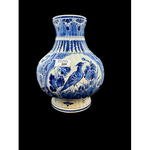 590 - European Ceramics: Dutch Delft ribbed bulbous vase painted with birds and flowers, remains of a reta... 