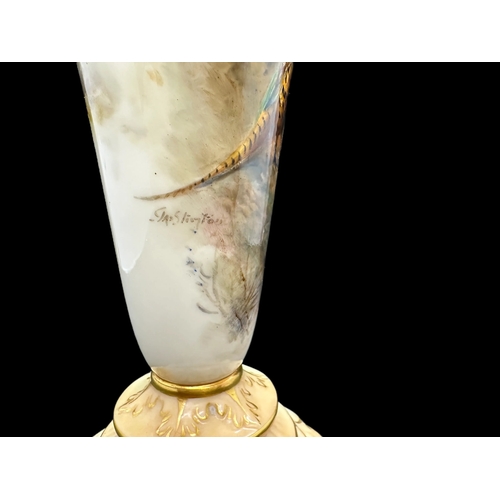 631 - Ceramics: Royal Worcester trumpet vase painted with a pheasant signed JAS Stinton date code for 1914... 