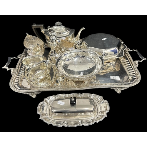 645 - Silver Plate: Silver Plate: Three-piece tea set, sugar caster, entree dish, two-handled tray etc.... 