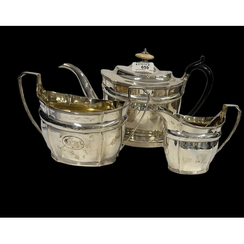 659 - Hallmarked Silver: Three-piece tea set with ivory finial and stand hallmarked London 1799-1800, Dani... 