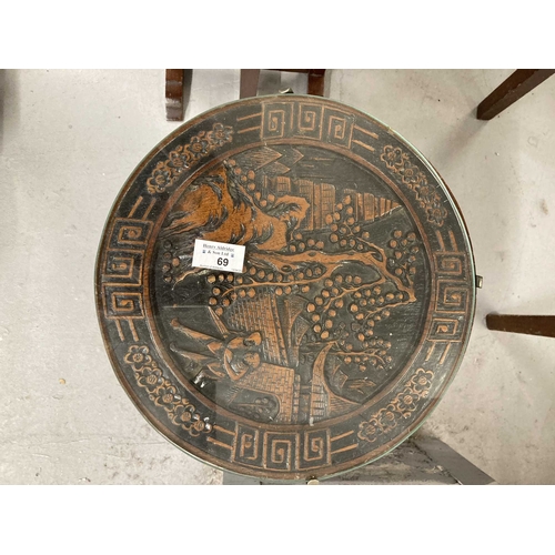 69 - Oriental: Post-war Chinese hardwood tilt-top tables decorated with dragons. 24ins. and 12ins. (3)... 