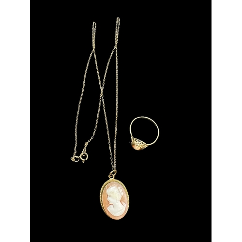 758 - Hallmarked Jewellery: 9ct gold cameo ring 1.3g. Together with a yellow metal mounted cameo pendant (... 