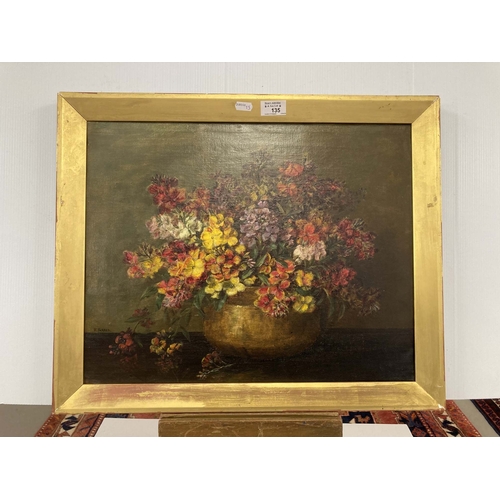 135 - Fanny Farrer: 20th cent. Oil on canvas still life, study of wallflowers in a copper dish, signed low... 