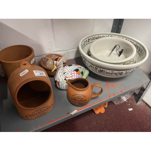 214 - Ceramics: Portmeirion mixing bowl 11ins, pie dish 7½ ins, terracotta salt, kitchen utensils pot, cre... 