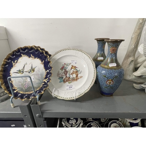 232 - Ceramics: Early 20th cent. Cloisonne vases, blue ground, one with slight damage, matched pair. 9ins.... 