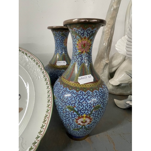 232 - Ceramics: Early 20th cent. Cloisonne vases, blue ground, one with slight damage, matched pair. 9ins.... 