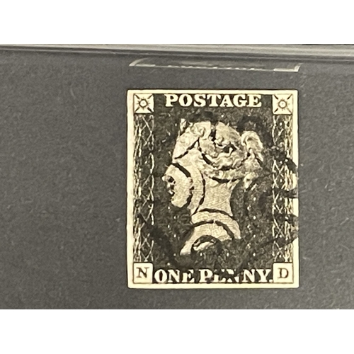 252 - Stamps: GB 1840 1d, one penny, black which we believe to be Plate 8, ND four good margins, used, obl... 