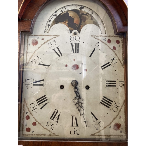 106 - Clocks: 19th cent. Mahogany moon phase longcase clock with painted dial. 17ins.