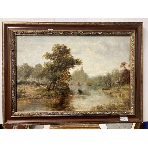 123 - W. H. Mander (1850-1922): Oil on canvas, landscape with horses and cart and boat on a river, signed ... 